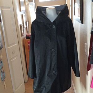 Eileen Fisher XLP Reversible women's Black Vinyl Hooded Rain Jacket/ Coat